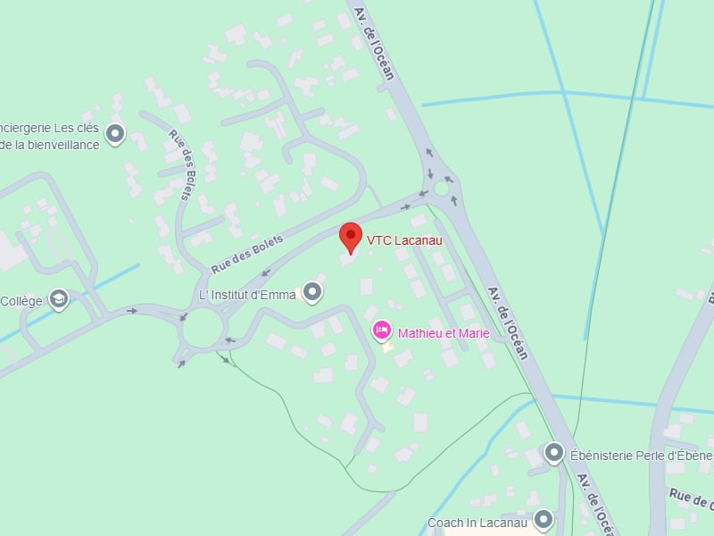VTC Lacanau : Plan d'accès et localisation de l'agence Localisation de VTC Lacanau sur plan, Avenue de l'Océan et Rue des Bolets.