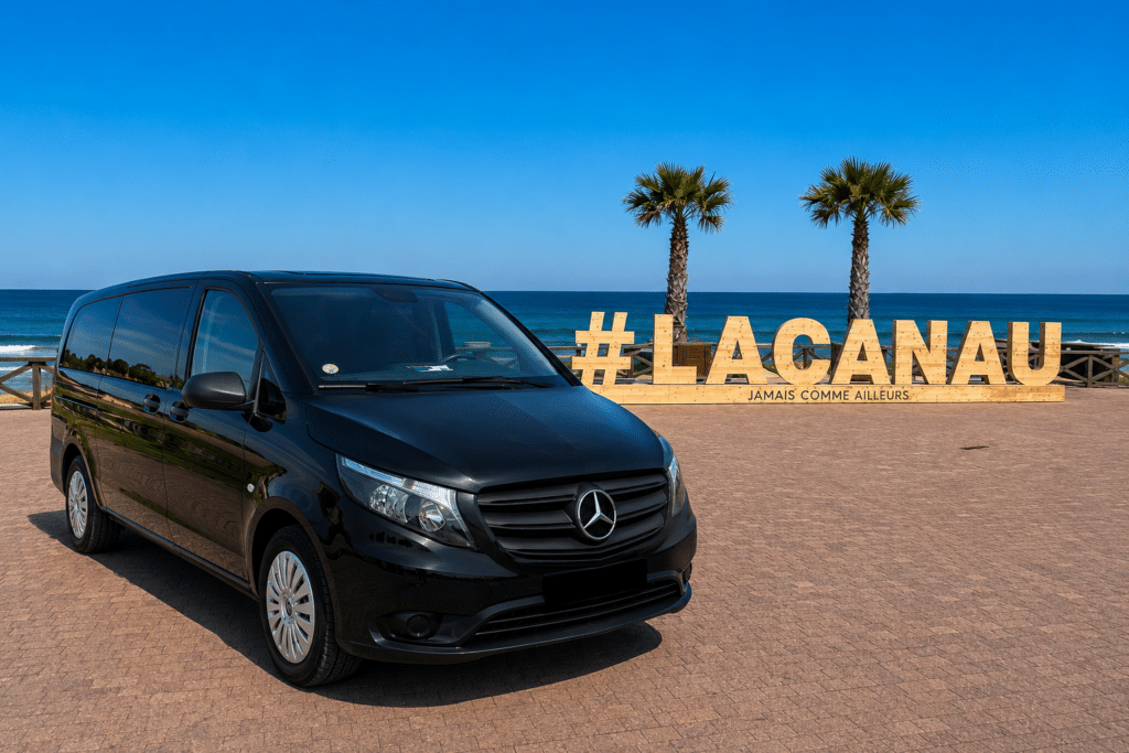 port VTC de prestige en Gironde Mercedes noire devant le signe #LACANAU, palmiers et océan en arrière-plan.