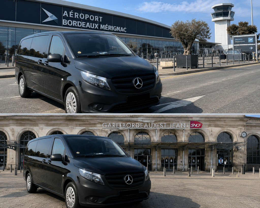 VTC Bordeaux : Transfert Aéroport Mérignac et Gare St-Jean Van Mercedes noir devant l'Aéroport Bordeaux Mérignac et la Gare St-Jean. Service VTC transfert Bordeaux.